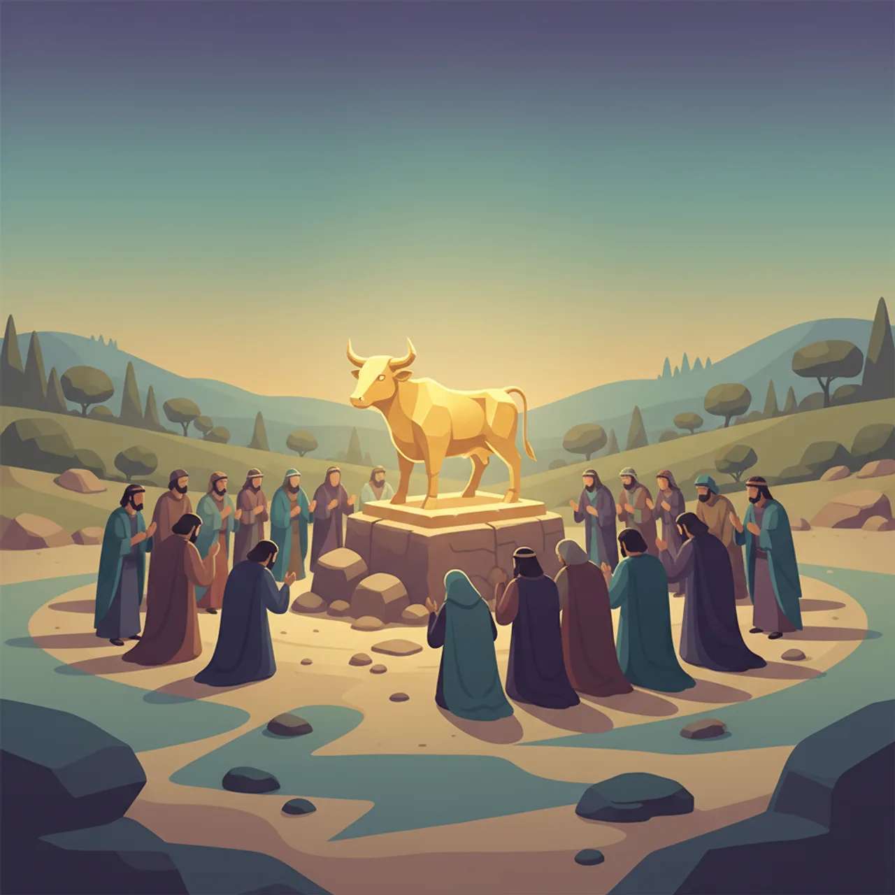 הַזָּהָב מֻתָּךְ וּמְעֻצָּב לְעֵגֶל מַסֵּכָה, וְהָעָם מַכְרִיז: ״אֵלֶּה אֱלֹהֶיךָ יִשְׂרָאֵל אֲשֶׁר הֶעֱלוּךָ מֵאֶרֶץ מִצְרָיִם״.