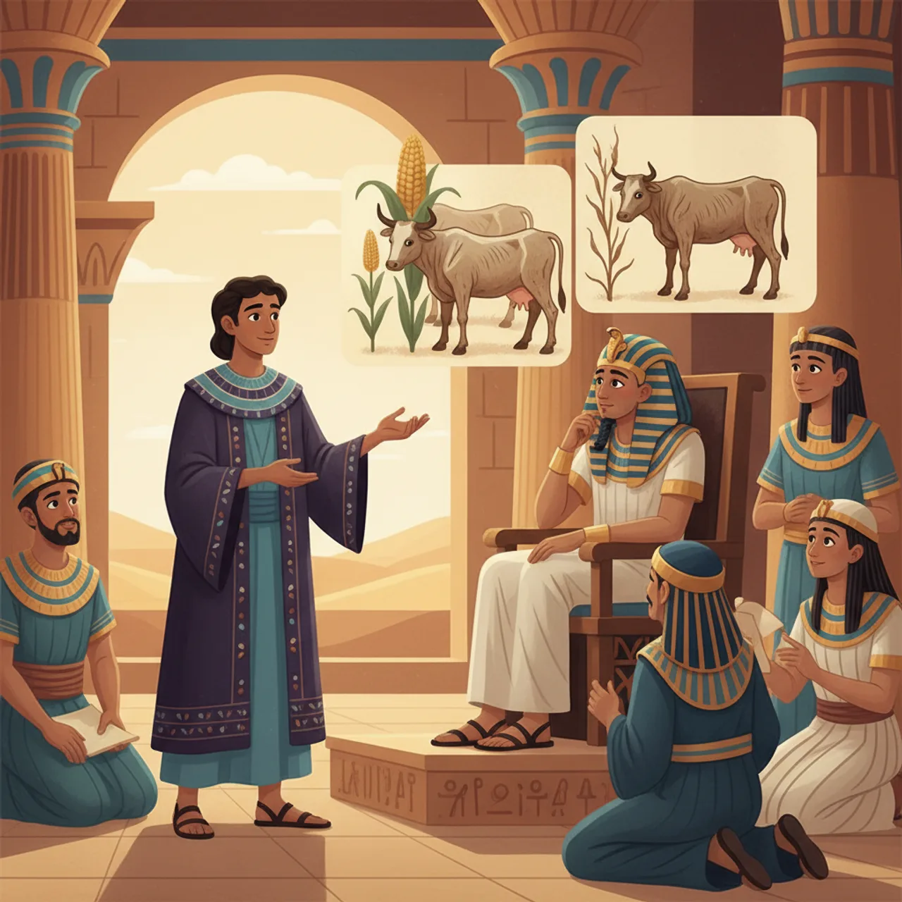 יוֹסֵף פּוֹתֵר אֶת הַחֲלוֹם: שֶׁבַע שְׁנוֹת שָׂבָע וְשֶׁבַע שְׁנוֹת רָעָב.