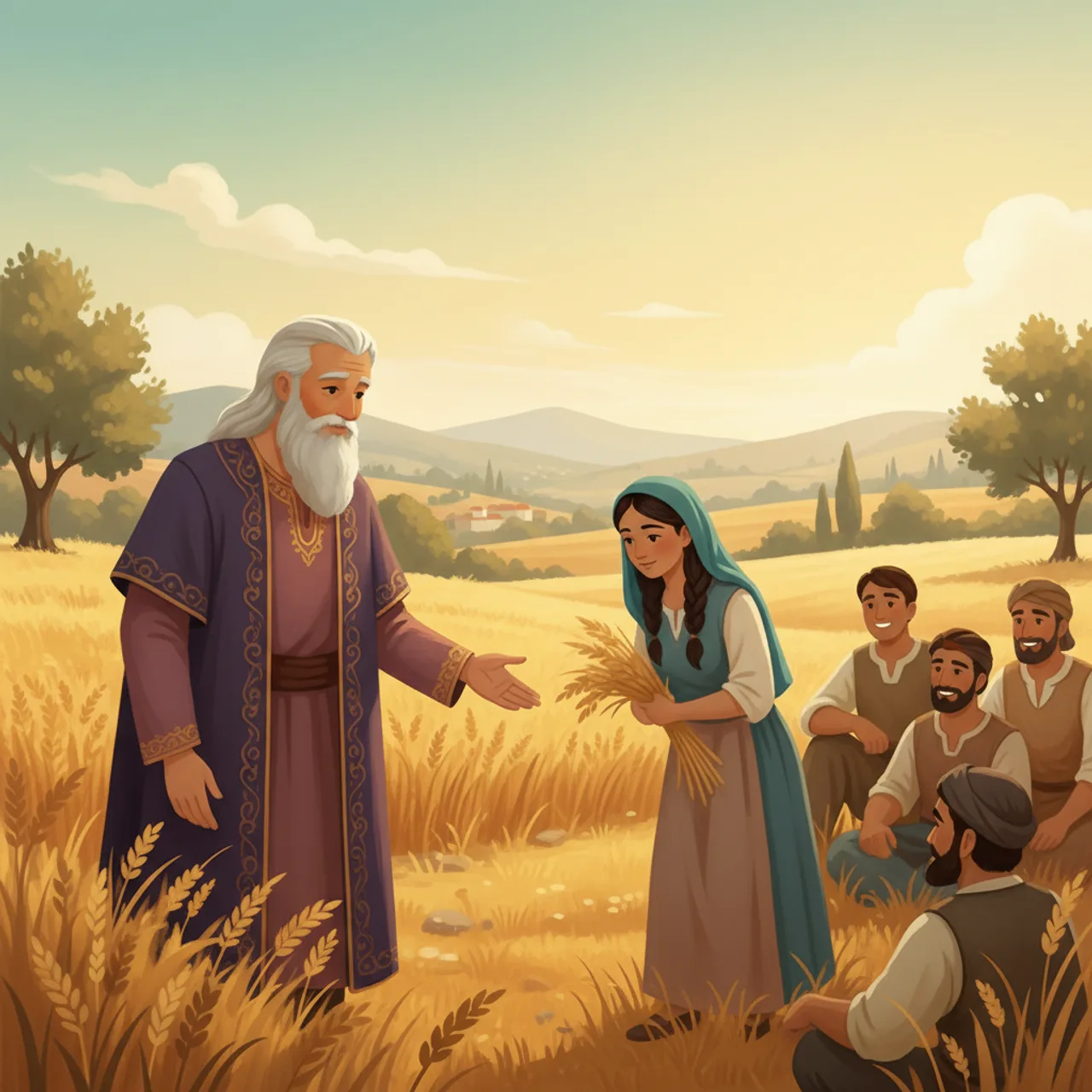 בֹּעַז, קְרוֹב מִשְׁפַּחַת אֱלִימֶלֶךְ, מְבָרֵךְ אֶת הַקּוֹצְרִים בְּשֵׁם ה׳ וּמַבְחִין בְּרוּת הַנָּכְרִית הַמְלַקֶּטֶת בְּשָׂדֵהוּ.