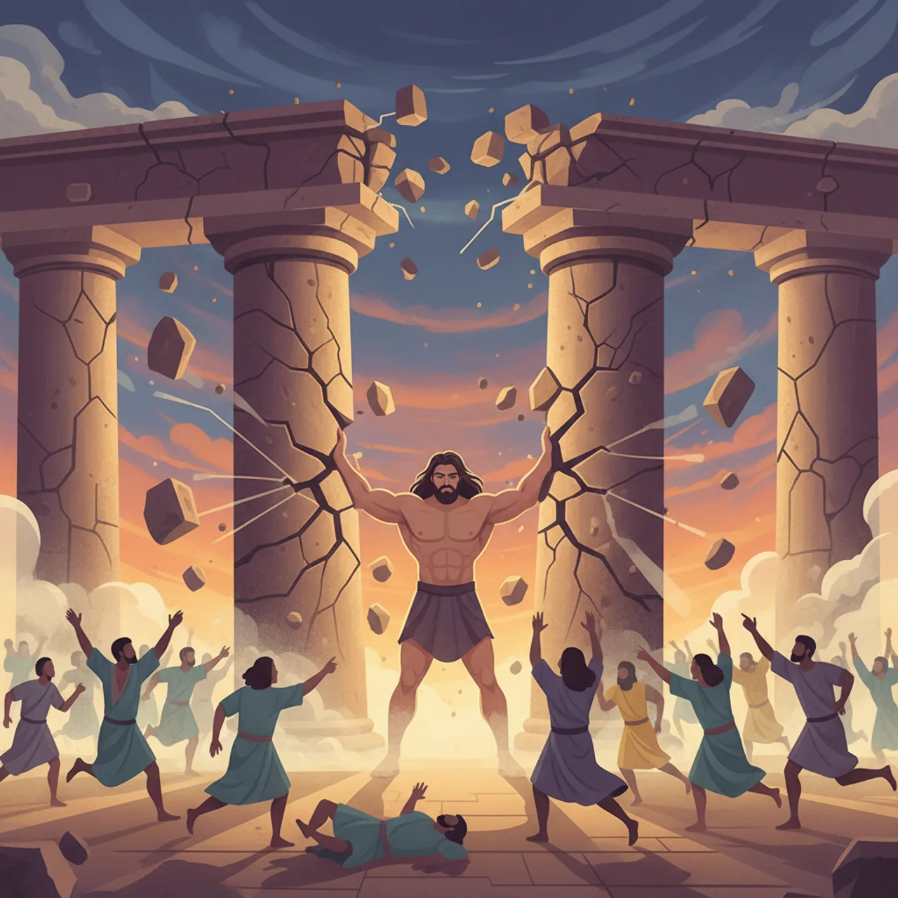 בְּחַג הַפְּלִשְׁתִּים לְדָגוֹן מְבִיאִים אֶת שִׁמְשׁוֹן לְשַׂחֵק לִפְנֵיהֶם. הוּא נִתְמָךְ עַל שְׁנֵי עַמּוּדֵי הַתָּוֶךְ וְקוֹרֵא אֶל ה׳ שֶׁיְּחַזְּקֵהוּ עוֹד פַּעַם אַחַת.