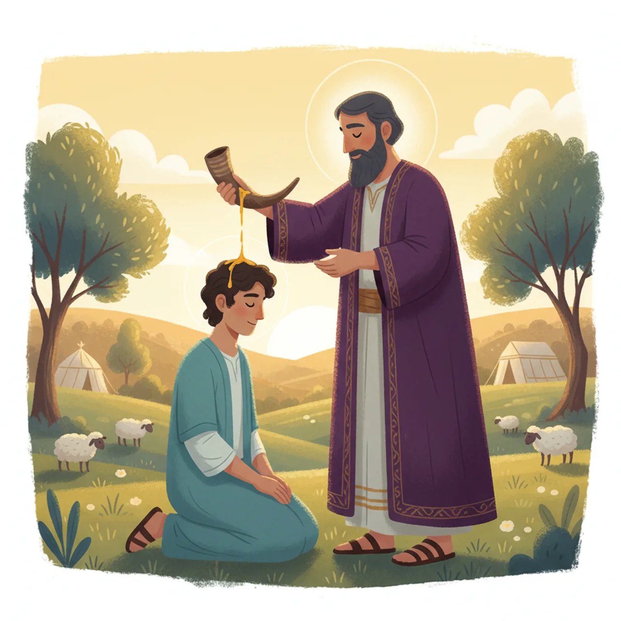 שְׁמוּאֵל לוֹקֵחַ פַּךְ שֶׁמֶן וְיוֹצְקוֹ עַל רֹאשׁ שָׁאוּל: ״הֲלוֹא כִּי מְשָׁחֲךָ ה׳ עַל נַחֲלָתוֹ לְנָגִיד״.
