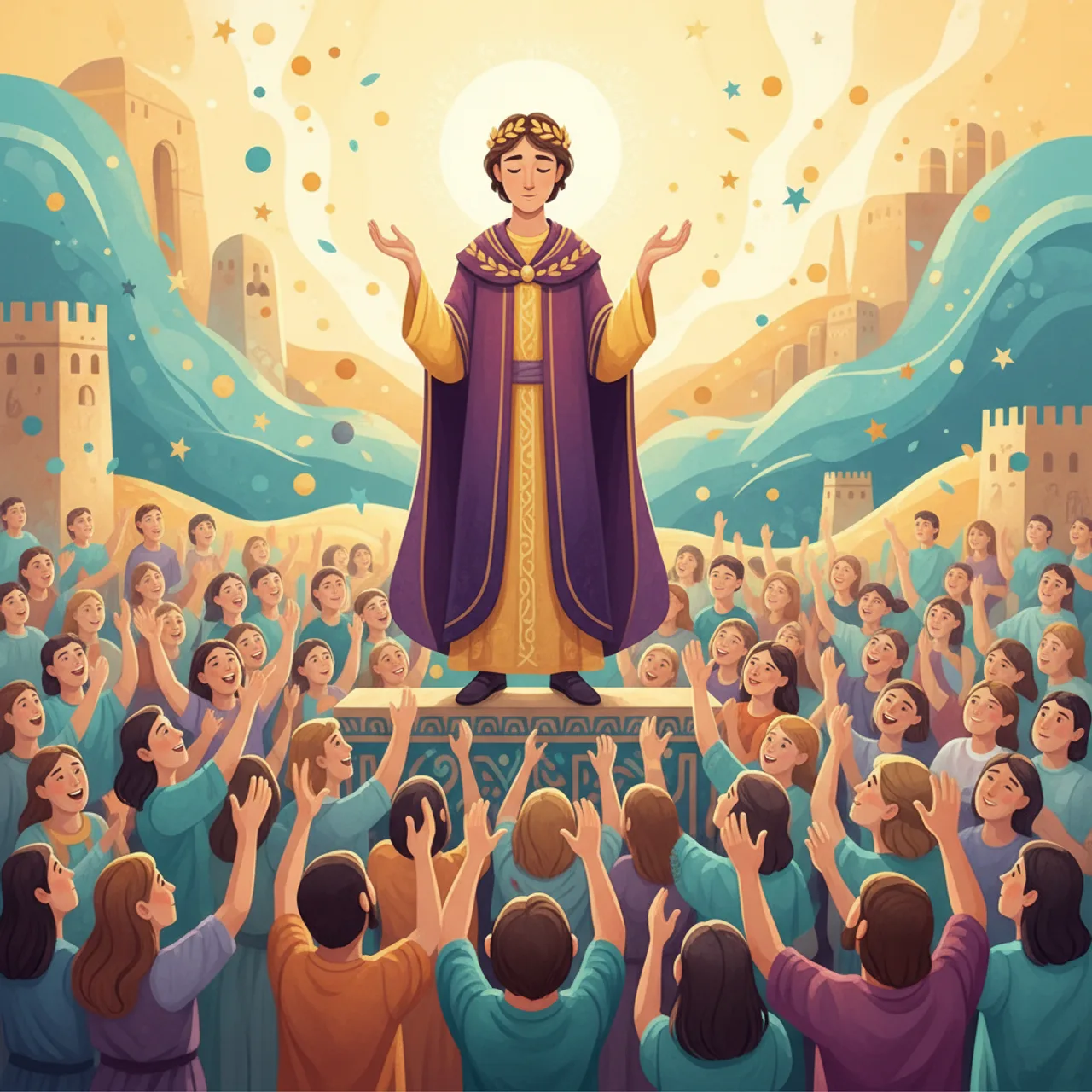 בַּמִּצְפָּה נִבְחָר שָׁאוּל בַּגּוֹרָל, וְהוּא נִמְצָא נֶחְבָּא אֶל הַכֵּלִים. הָעָם מָרִיעַ: ״יְחִי הַמֶּלֶךְ״.