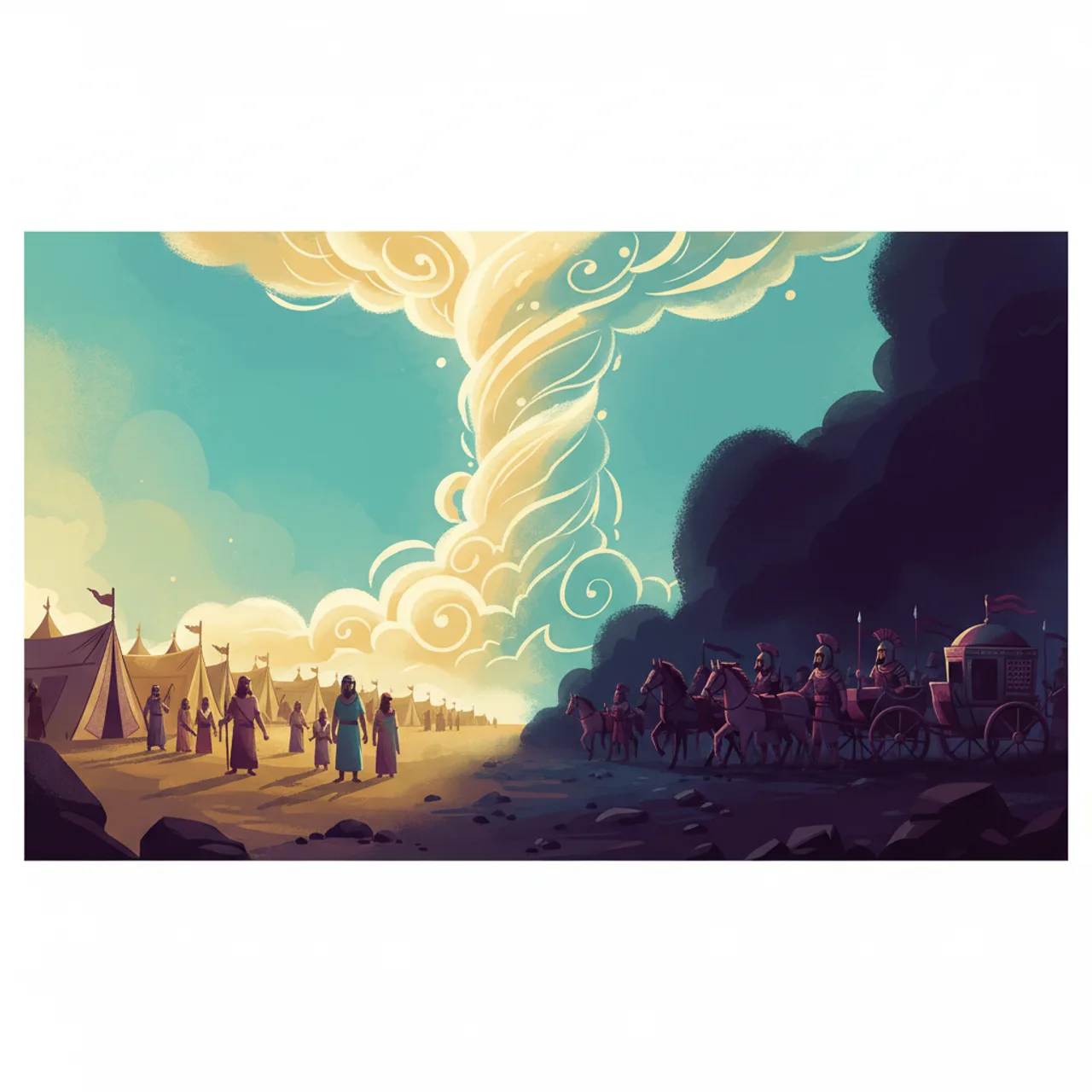 עַמּוּד הֶעָנָן עָבַר מִפְּנֵיהֶם וְעָמַד בֵּין מַחֲנֵה מִצְרַיִם וּבֵין מַחֲנֵה יִשְׂרָאֵל, וַיְהִי הֶעָנָן וְהַחֹשֶׁךְ.